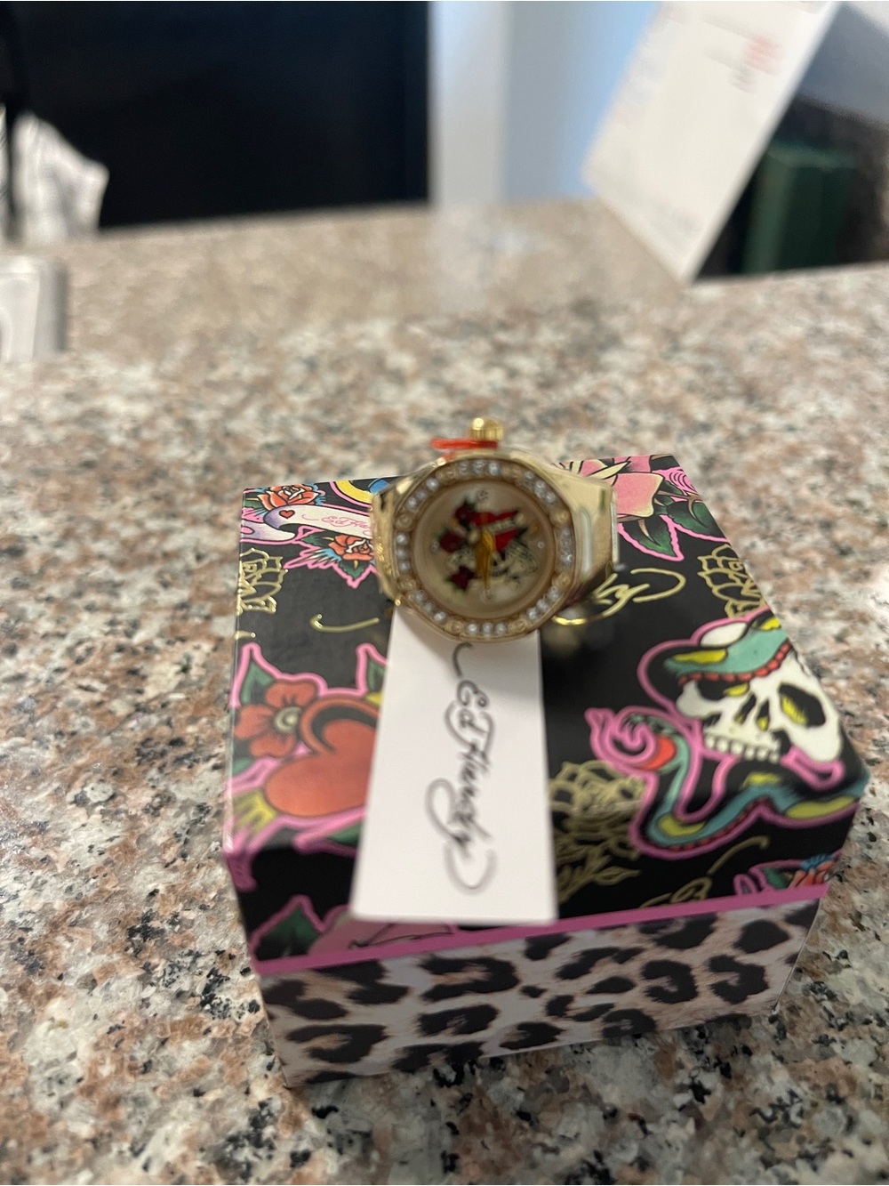 Ed Hardy Gold Tone Ring with Pink and Black Tattoo Motif